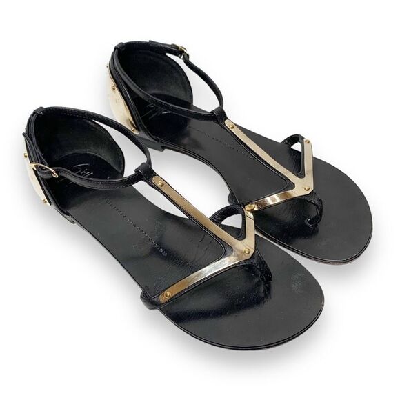 Giuseppe Zanotti Italian Black Leather Gold Metal Women’s Sandals Sz 38 (7.5 US) - Picture 1 of 8